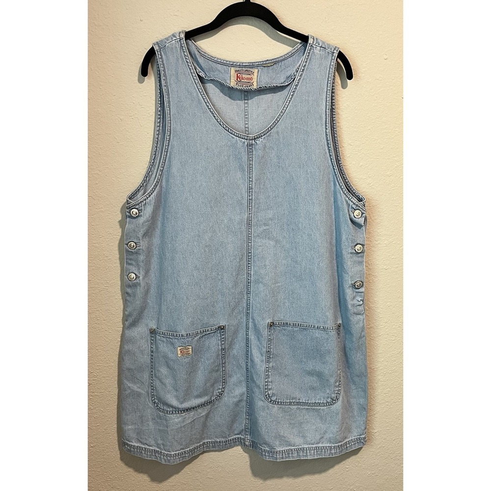 Vintage 90's Kikomo Denim Jumper Dress Sleeveless Midi Pinafore Light Wash Large